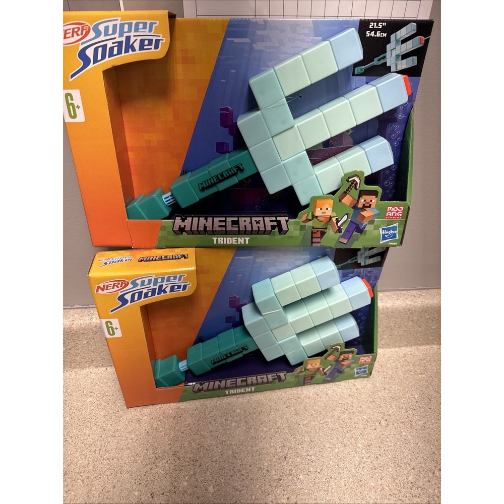 2 Nerf Super Soaker Minecraft Trident Water Blaster Pull Back Plunger Handle
